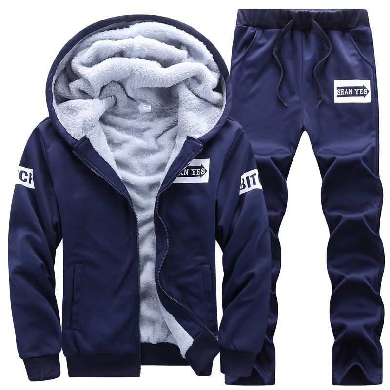Men's Winter Fleece-Lined Hooded Tracksuit Set - Thickened Warm Casual Sports Outfit For Men (Gray, Black, Navy Blue)_viptrois.com