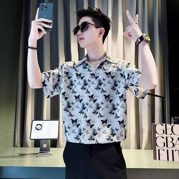 High-end Butterfly Printing Short-sleeved Shirt Men's Summer Thin Medium-sleeved Shirt Ruffian Handsome Personalized Ink Splashing Top_viptrois.com