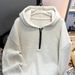 Men's Clothing Unisex American-Style Half-Zip Hooded Knit Sweater, Oversized Pullover With Cozy Fleece Lining, Casual Streetwear For Autumn & Winter_viptrois.com