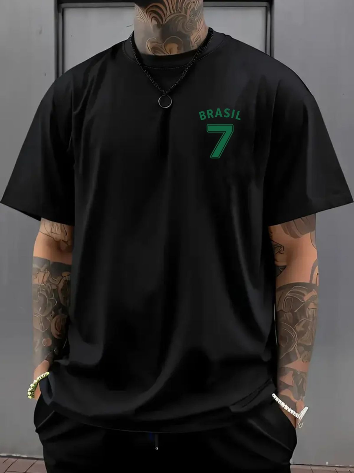 Maglietta Uomo Cotone 180g Spalle Morbide Stampa Doppia Brasile Numero 7 Calcio Sport Tempo Libero Vestibilità Regolare_viptrois.com