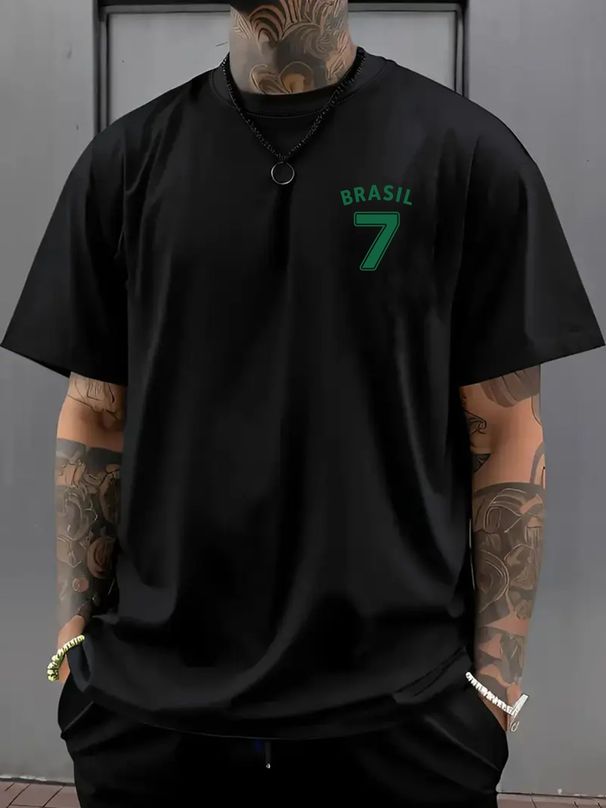 Maglietta Uomo Cotone 180g Spalle Morbide Stampa Doppia Brasile Numero 7 Calcio Sport Tempo Libero Vestibilità Regolare_viptrois.com