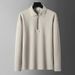 "Men's Long-Sleeve POLO Shirt – Japanese Retro Linen-Blend Top With Stripe Pattern, Breathable & Anti-Bacterial (6 Sizes, Black/Khaki/Dark Gray)"_viptrois.com