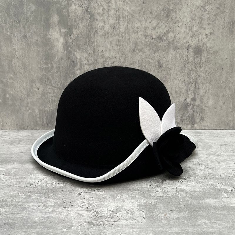 Hepburn style woolen bucket hat for women autumn and winter French retro elegant camellia pot hat with contrasting color edge all match hat_viptrois.com