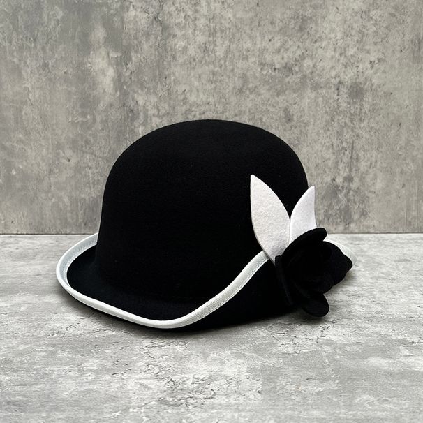 Hepburn style woolen bucket hat for women autumn and winter French retro elegant camellia pot hat with contrasting color edge all match hat_viptrois.com