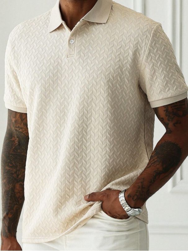 Men's Jacquard Short Sleeve Polo Shirt With Two-Button Collar - Business Casual Slim Fit Cotton Blend Top For Office & Leisure_viptrois.com