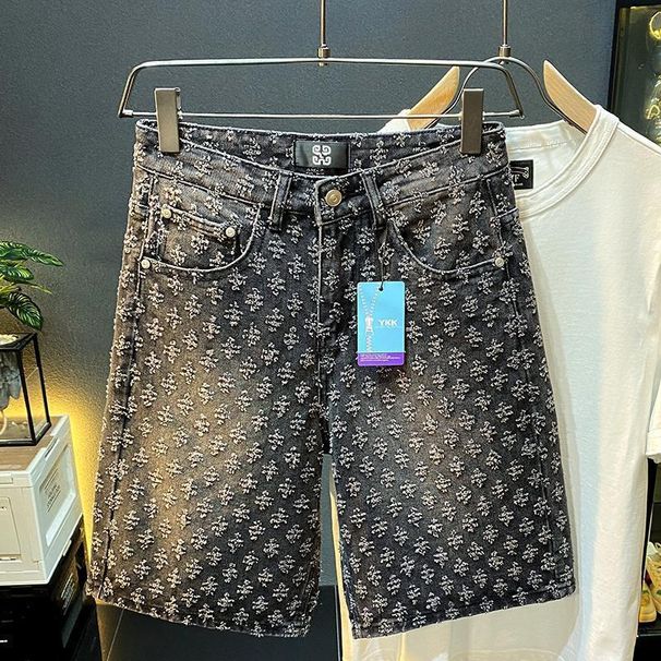 Men's Clothing New Denim Shorts Men's Summer Loose Straight Hole Jacquard High End Five Point Pants_viptrois.com