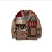 Men's Clothing American Cartoon Letter Print Oversized Knit Cardigan Sweater - V-Neck Long Sleeve Pullover (Red, Coffee, Beige, Black)_viptrois.com