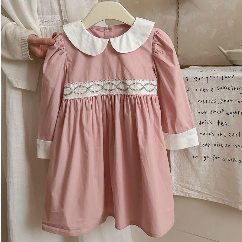 Mother & Kids French rattan flower embroidery doll collar girl dress 2024 autumn style contrast color pure cotton sweet princess dress long sleeve_viptrois.com