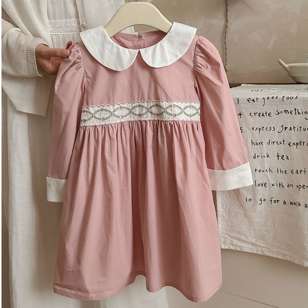 Mother & Kids French rattan flower embroidery doll collar girl dress 2024 autumn style contrast color pure cotton sweet princess dress long sleeve_viptrois.com