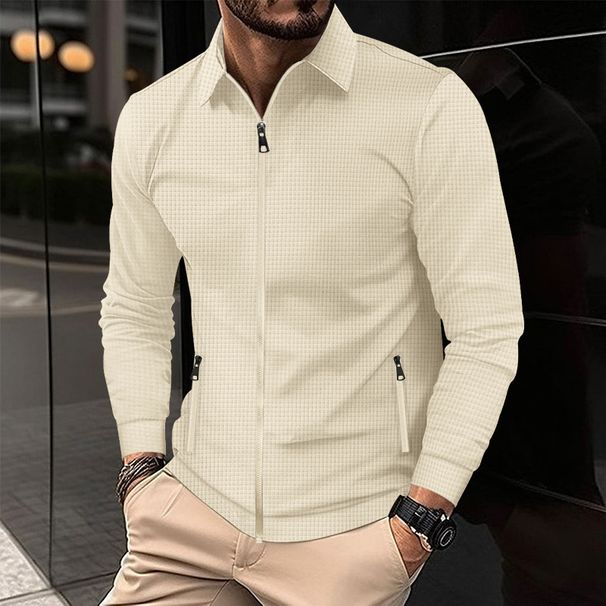Men's Waffle-Knit Zip-Up Polo Jacket – Premium Cotton-Blend Stand Collar Coat With Multi-Pocket Design – Slim Fit Outerwear For Urban Professionals_viptrois.com