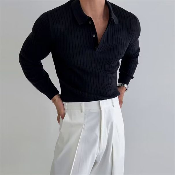 Men's Clothing Retro Slim Fit Polo Shirt Pit Striped Lapel Sweater Autumn And Winter Teenagers Long Sleeve_viptrois.com