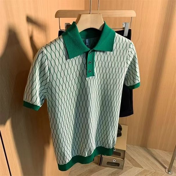 Men's Clothing Thin Ice Silk Men's High End Grid Pattern Contrast Color Short Sleeved T Shirt_viptrois.com