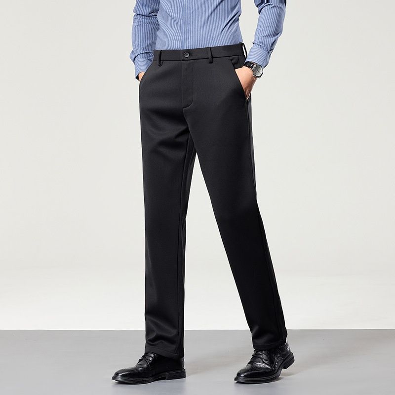 Pure Men's Wool And Silk Blend Business Casual Pants Autumn Winter Workwear Elastic Straight High Waist Suit Trousers_viptrois.com