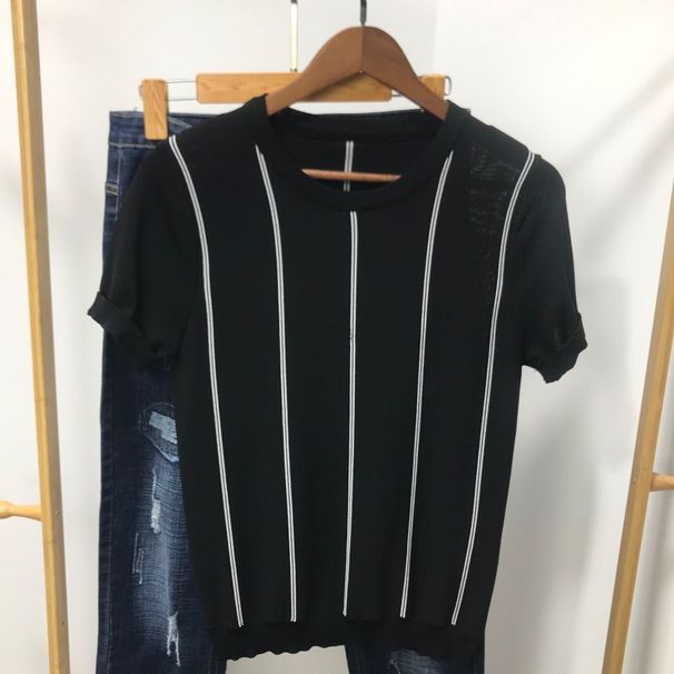 Summer New Men's Ice Silk T-shirt Fashionable Vertical Stripe Color Blocked Round Neck Knitted Shirt Thin_viptrois.com