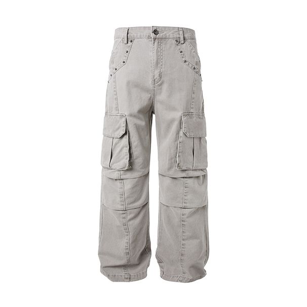 MADEEXTREME Washed Gray Multi-Pocket Deconstructed Patchwork Oversized American Style Flared Casual Pants For Men_viptrois.com