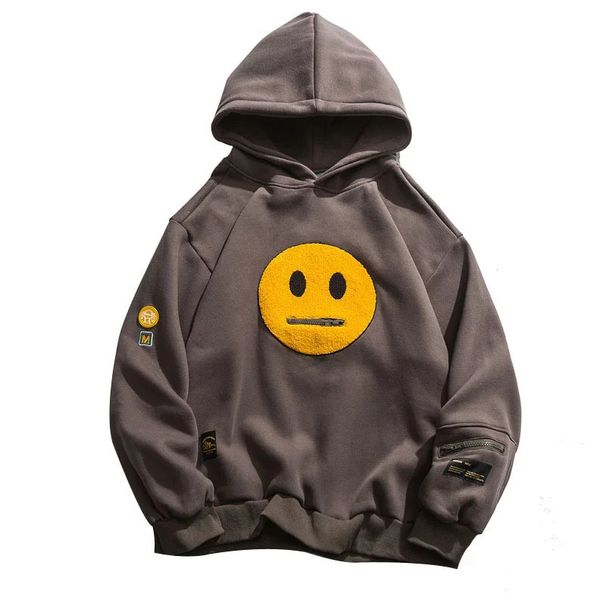 Autumn And Winter Men's Hooded Top Street Pullover Sweater Zipper Pocket Smiling Face Panel Fleece Hoodie_viptrois.com