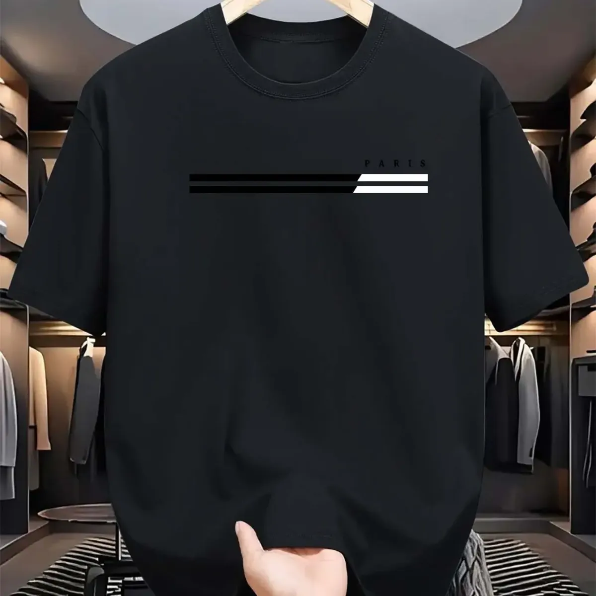 100% Algodão Masculino Verão Tamanho Solto Paris Carta Gráfico Impresso Fino Ajuste Casual Esportes Em Torno Do Pescoço Manga Cu_viptrois.com