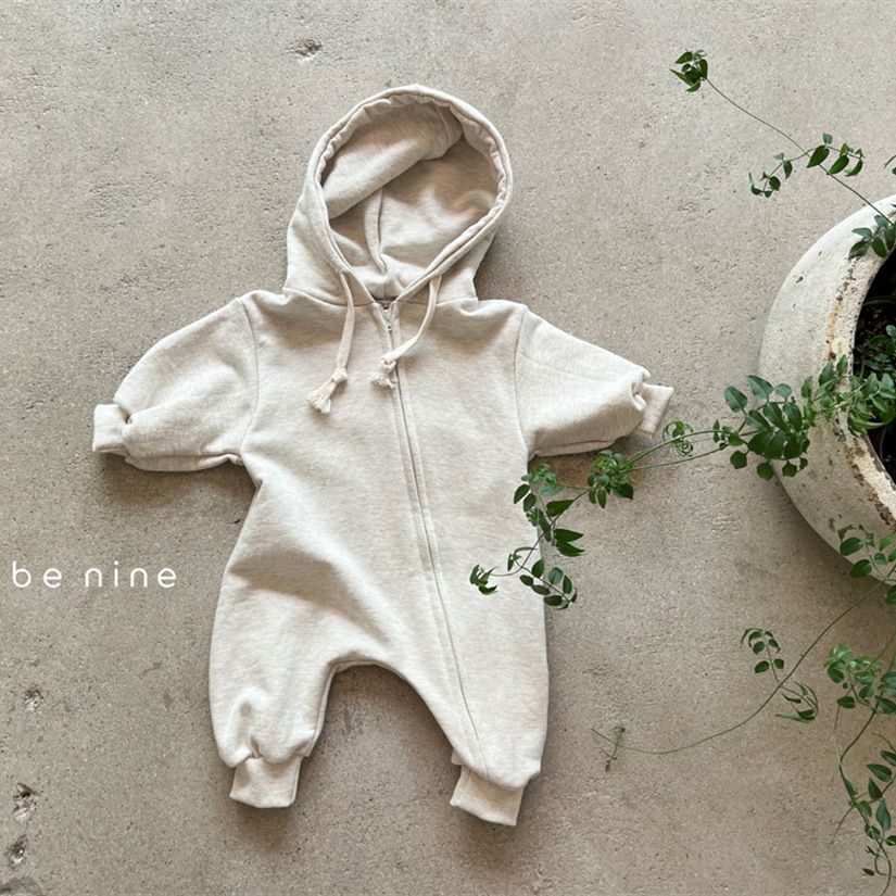 Baby Cotton Soft Oblique Zipper Hooded Long Sleeved Sweater Jumpsuit Korean Version Of The Baby Jumpsuit_viptrois.com
