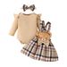 European And American Baby Autumn And Winter Striped Long Sleeved Triangle Romper + Bowknot Plaid Bear Doll Suspender Skirt + Hairband Set_viptrois.com