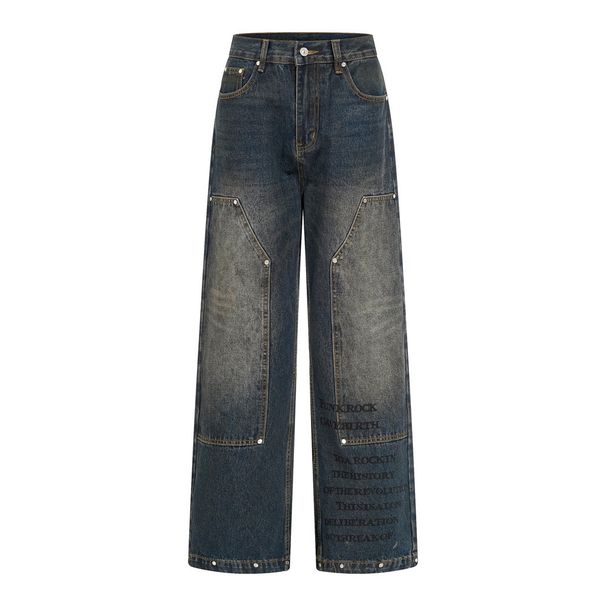 Post-apocalyptic Style Washed Vintage Straight-leg Jeans For Men High Street Trend Back Pocket Design Sense Personality_viptrois.com