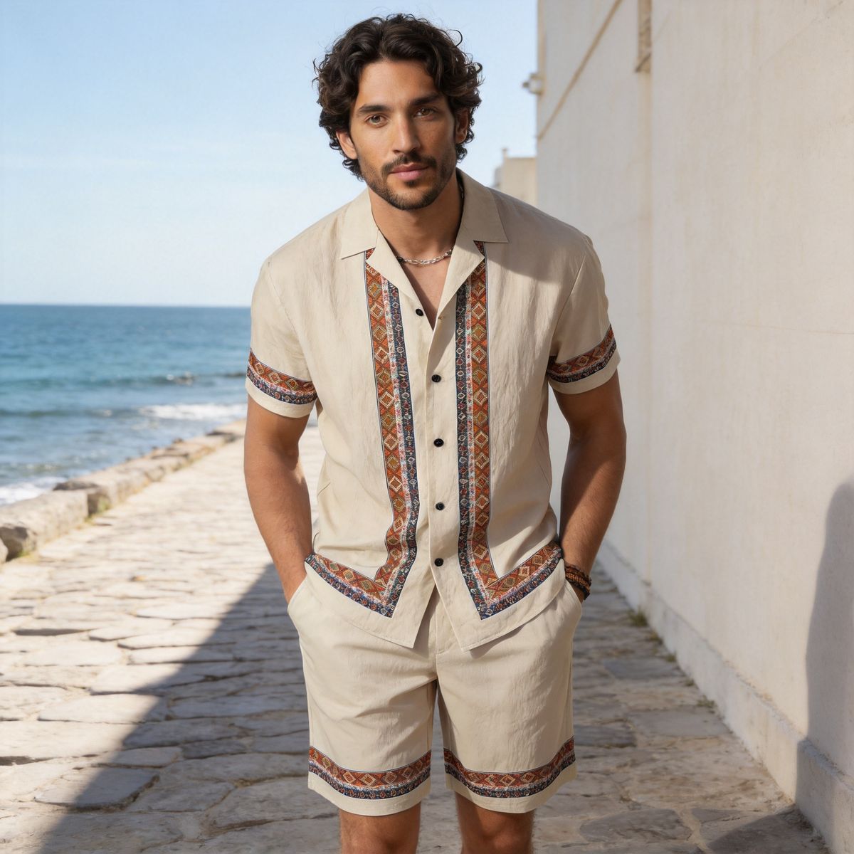 Men's Ethnic Style Jacquard Cuban Collar Short Sleeve Shirt Set Loose Fit Casual Beach Vacation Two Piece Summer Clothing_viptrois.com