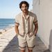 Men's Ethnic Style Jacquard Cuban Collar Short Sleeve Shirt Set Loose Fit Casual Beach Vacation Two Piece Summer Clothing_viptrois.com