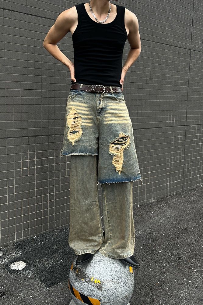 Men's Clothing Double Layer Two Piece Yellow Mud Distressed Dirty Wasteland Paris High End Wide Leg Jeans_viptrois.com