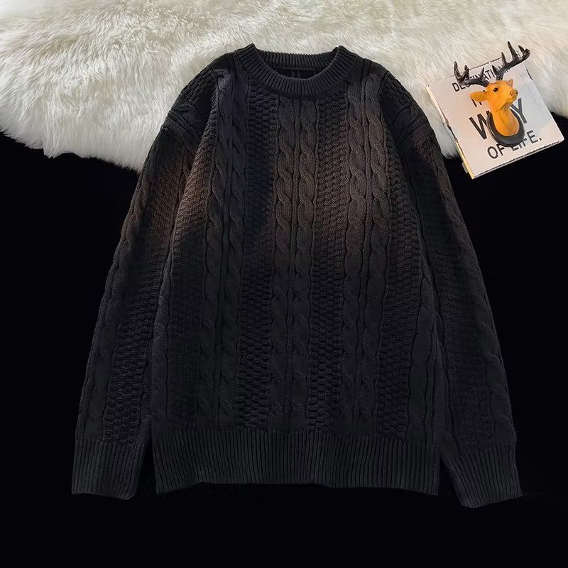 Men's Cable Knit Sweater – Oversized Retro Pullover With Textured Stitch, Streetwear Inspired Loose Fit_viptrois.com