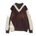 New Long Velvet Hoodie V-Knitted Shirt Long Sleeve Color Blocked Woolen Shirt For Youth_viptrois.com