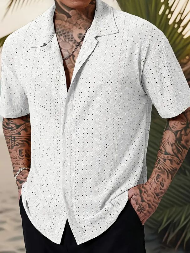 Men's Clothing New Men's Lapel Shirt Ins Style Casual Solid Color Drape Hollow Men's Short Sleeve Wholesale_viptrois.com