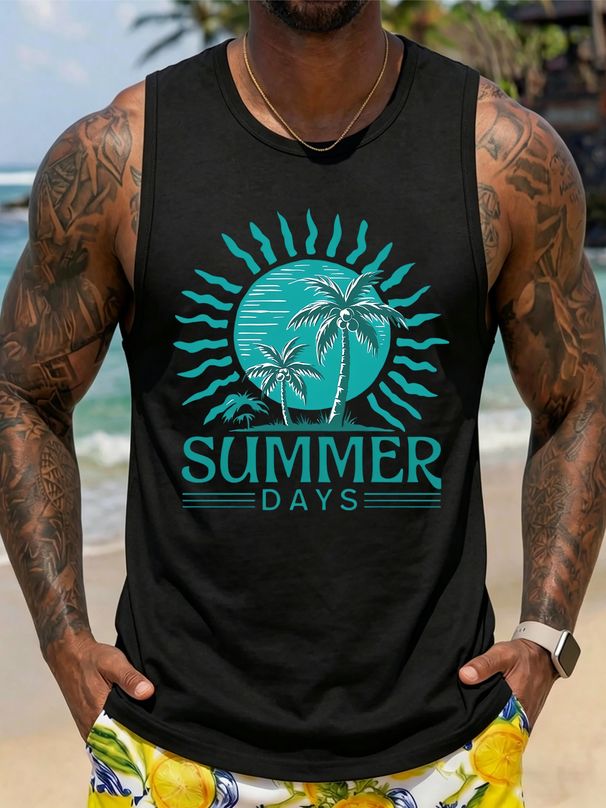 Canotta Uomo Girocollo 100% Cotone Stampa Scritta SUMMER DAYS Spiaggia Traspirante Confortevole Senza Maniche Vacanze Estive Multicolore_viptrois.com