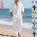 Men's Linen Casual Long Sleeve T-Shirt & Pants Set - Relaxed Fit V-Neck Beach Outfit For Autumn (Grey, Black, Light Blue, Khaki, Olive Green)_viptrois.com