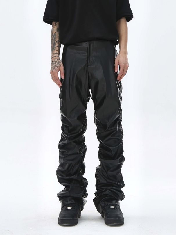 Men's Clothing High street style pleated niche design leather pants unisex same style brand loose wide leg straight long pants_viptrois.com