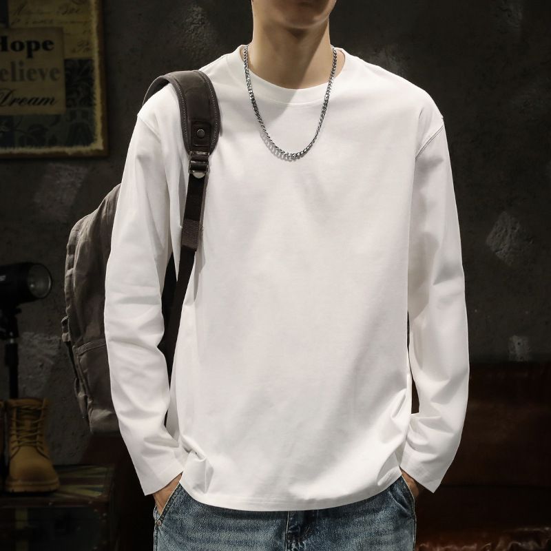 260g Heavyweight White Long Sleeve T-Shirt Base Shirt Spring And Autumn Inner Wear Men's Round Neck Sweatshirt_viptrois.com
