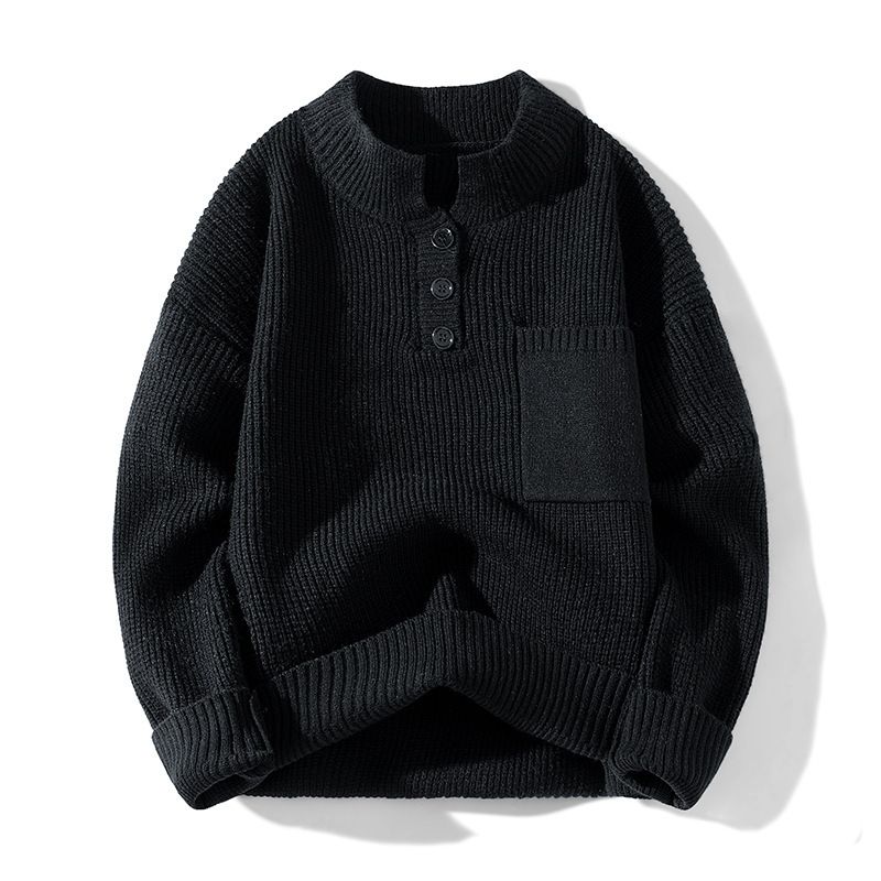 Men's Half-Turtleneck Button Sweater – Warm Winter Knit Pullover (Black/Grey/Beige, M-3XL)_viptrois.com