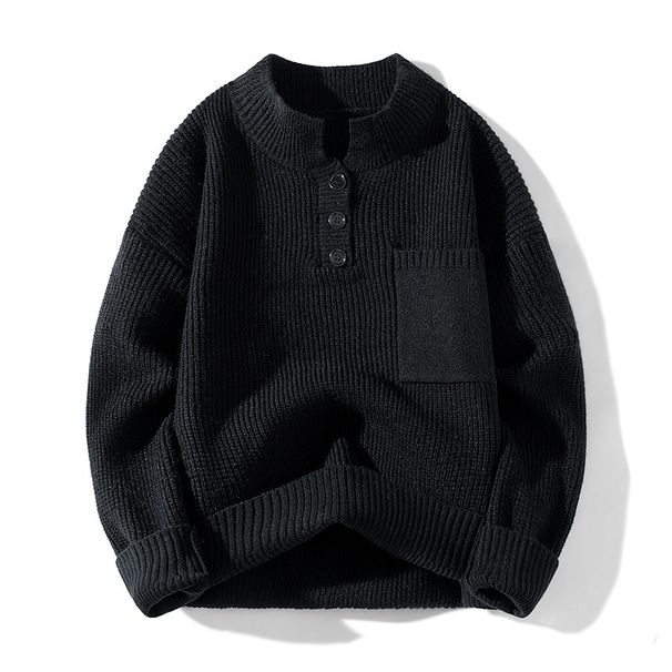 Men's Half-Turtleneck Button Sweater – Warm Winter Knit Pullover (Black/Grey/Beige, M-3XL)_viptrois.com