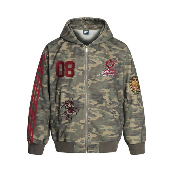 American Style Trendy Camouflage Hooded Jacket Men's Sports Loose Patchwork Three Stripes Badge Embroidered Sweatshirt_viptrois.com
