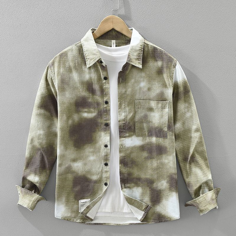 Tie Dye Trendy Long Sleeved Shirt For Men, Fashionable And Versatile, Artistic And Casual Loose Top_viptrois.com