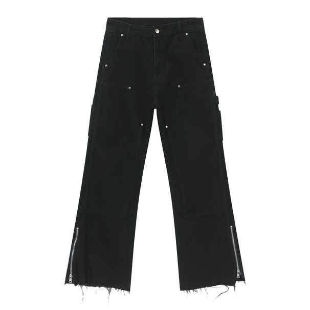 Men's Clothing High Street Raw Edge Side Zipper Design Slightly Flared Wide Leg Jeans_viptrois.com