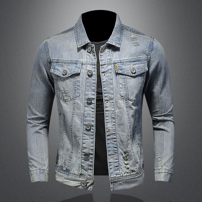 Men's Clothes Light Blue Ripped Denim Top Fashion Casual Simple Denim Jacket_viptrois.com