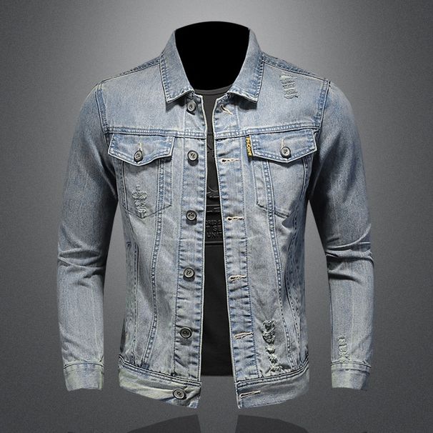 Men's Clothes Light Blue Ripped Denim Top Fashion Casual Simple Denim Jacket_viptrois.com