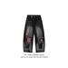 Men's Clothing Heavy Craft Embroidery Retro Red Checkered Patch Stitching Distressed Washed Black Wide Leg Jeans Drape Mopping Pants_viptrois.com