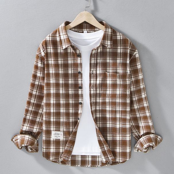 Retro Plaid Long Sleeved Shirt For Men In Autumn, Thick, Trendy, Versatile, Artistic, Loose Brushed Shirt Jacket_viptrois.com