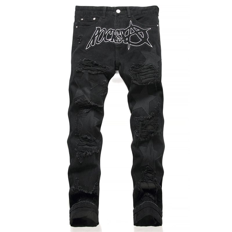 Funny Jeans With Ripped Patches, Black Flowing Whiskers, Elastic Slim Fit, Small Leg Pants, Personalized Men's Pants_viptrois.com