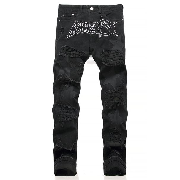 Funny Jeans With Ripped Patches, Black Flowing Whiskers, Elastic Slim Fit, Small Leg Pants, Personalized Men's Pants_viptrois.com