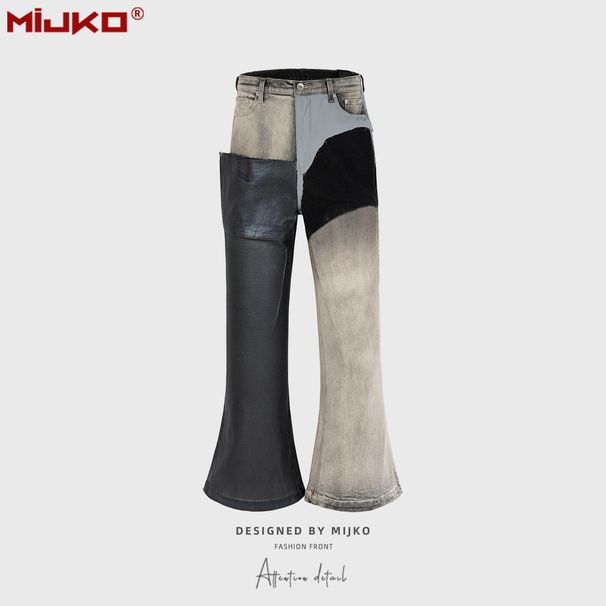 men's and women's urban RO style splicing coated micro-flare stacked wax pants for men and women same style heavy trendy jeans_viptrois.com