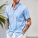 Men's Clothing Summer Long Sleeved Men's Shirts For Teenagers At Home In Solid Color Cotton And Linen Short Sleeved Lapel Shirt Tops_viptrois.com