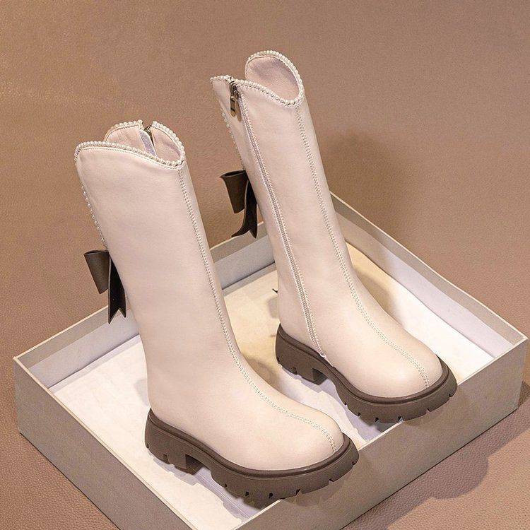 For And Children 2024 New Winter Long Leather Boots Princess Foreign Girls Plus Cashmere Shoes_viptrois.com