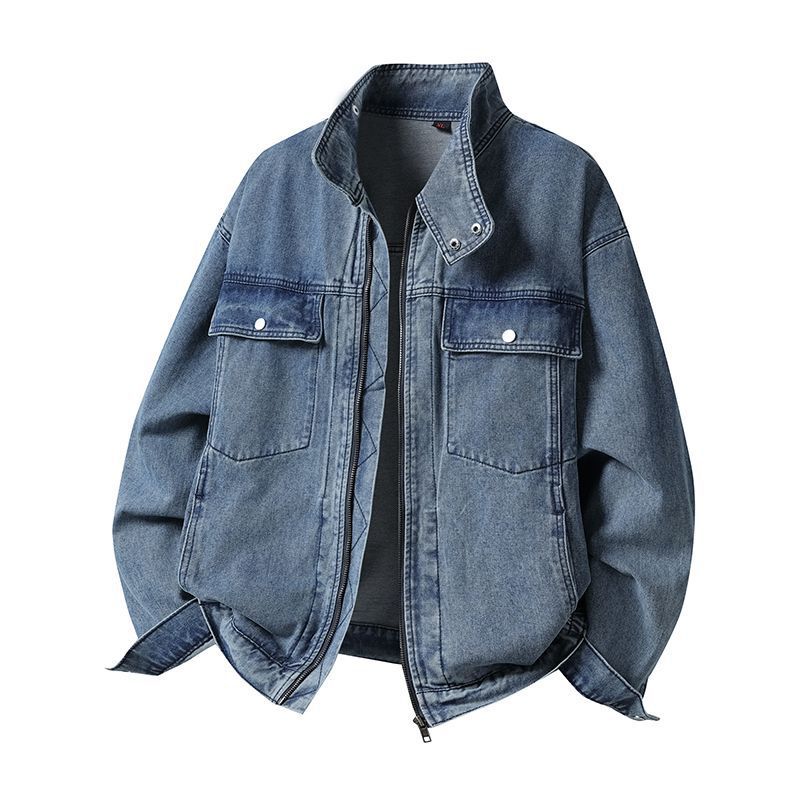 Men's American Retro Workwear Denim Jacket – Cleanfit Motorcycle Style, Heavyweight Cotton Blend, Bluish Wash (S-3XL)_viptrois.com