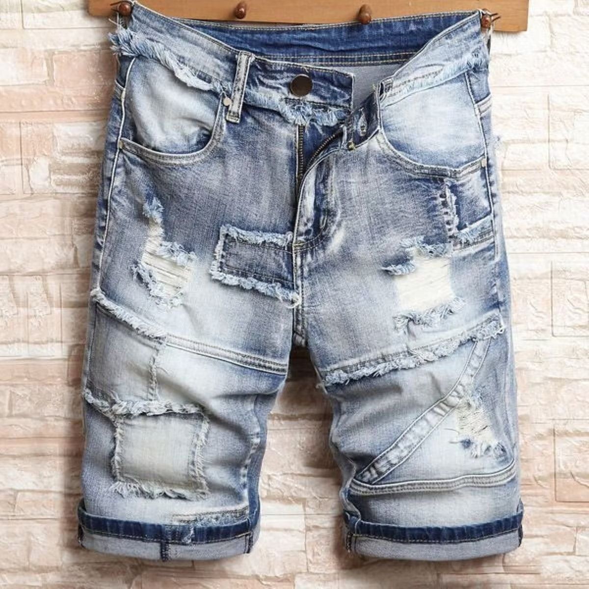 Men's Clothing Men's Trendy Distressed Patchwork Frayed Tassel Denim Shorts Slim Fit Stretchy Five Point Retro Versatile Riding Breeches_viptrois.com